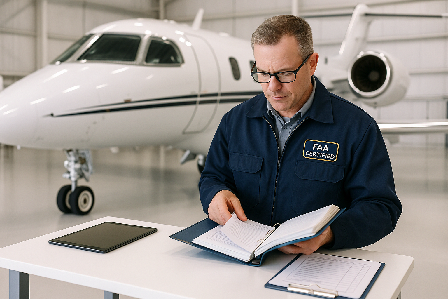 A FAAcertified maintenance inspector reviewing documentation and logbooks next to a business jet in a welllit hangar tablets and paper checklists visible with an atmosphere of regulatory compliance and attention to safety