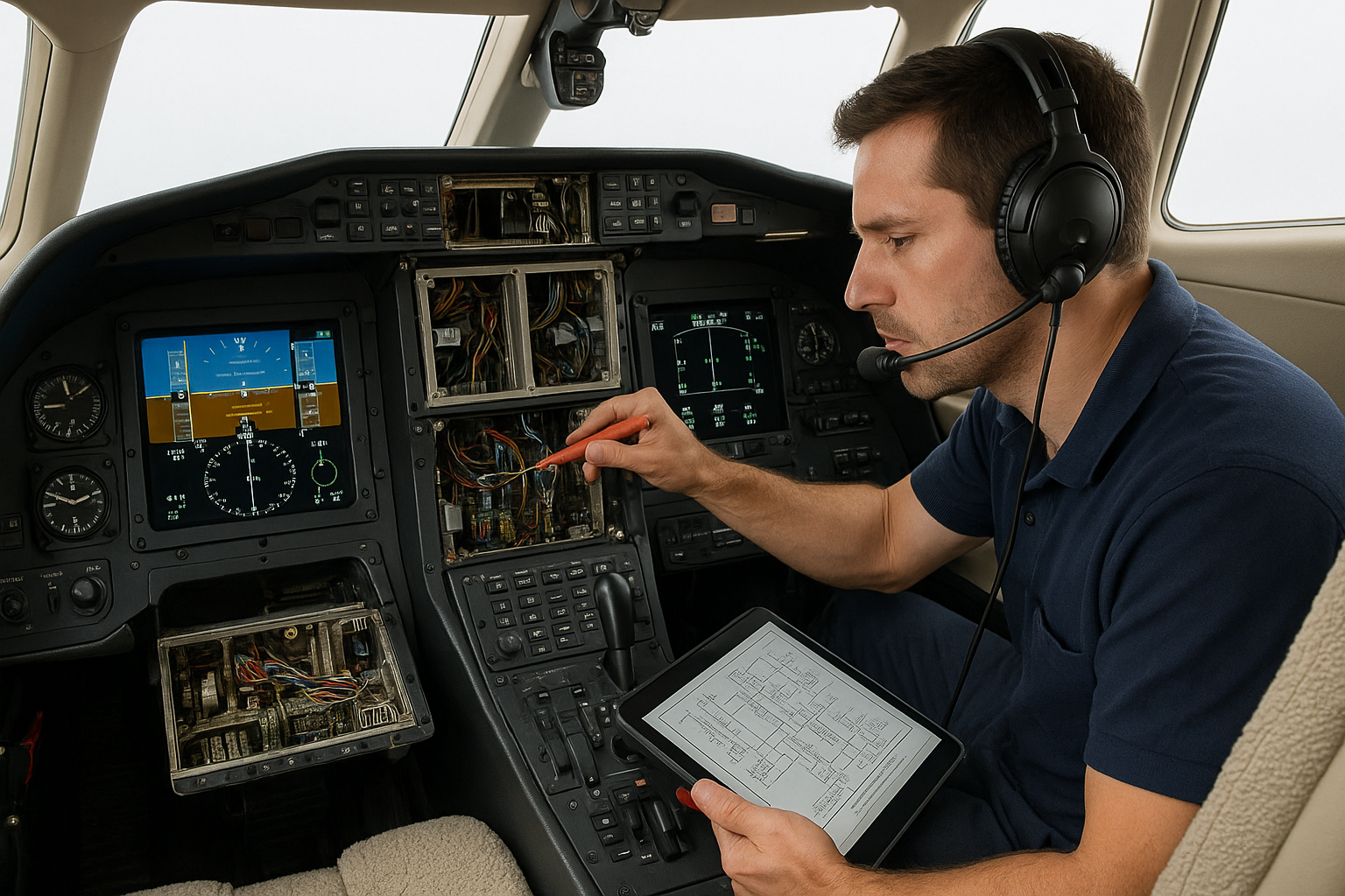 A business jet cockpit during an avionics troubleshooting session avionics panels open digital and analog displays active technician with tools and headset inspecting wiring and systems instrument schematics displayed on a nearby tablet Professional