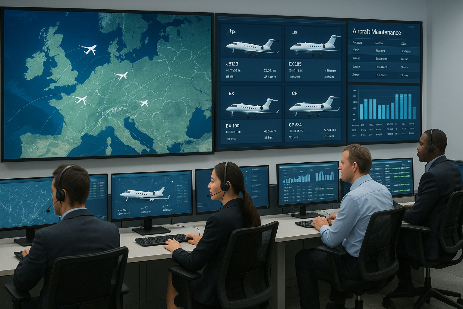 A control room with dispatchers monitoring multiple business jet flights on digital maps live aircraft status displays and maintenance update screens in a modern airport operations center Emphasize reliability and coordinated teamwork
