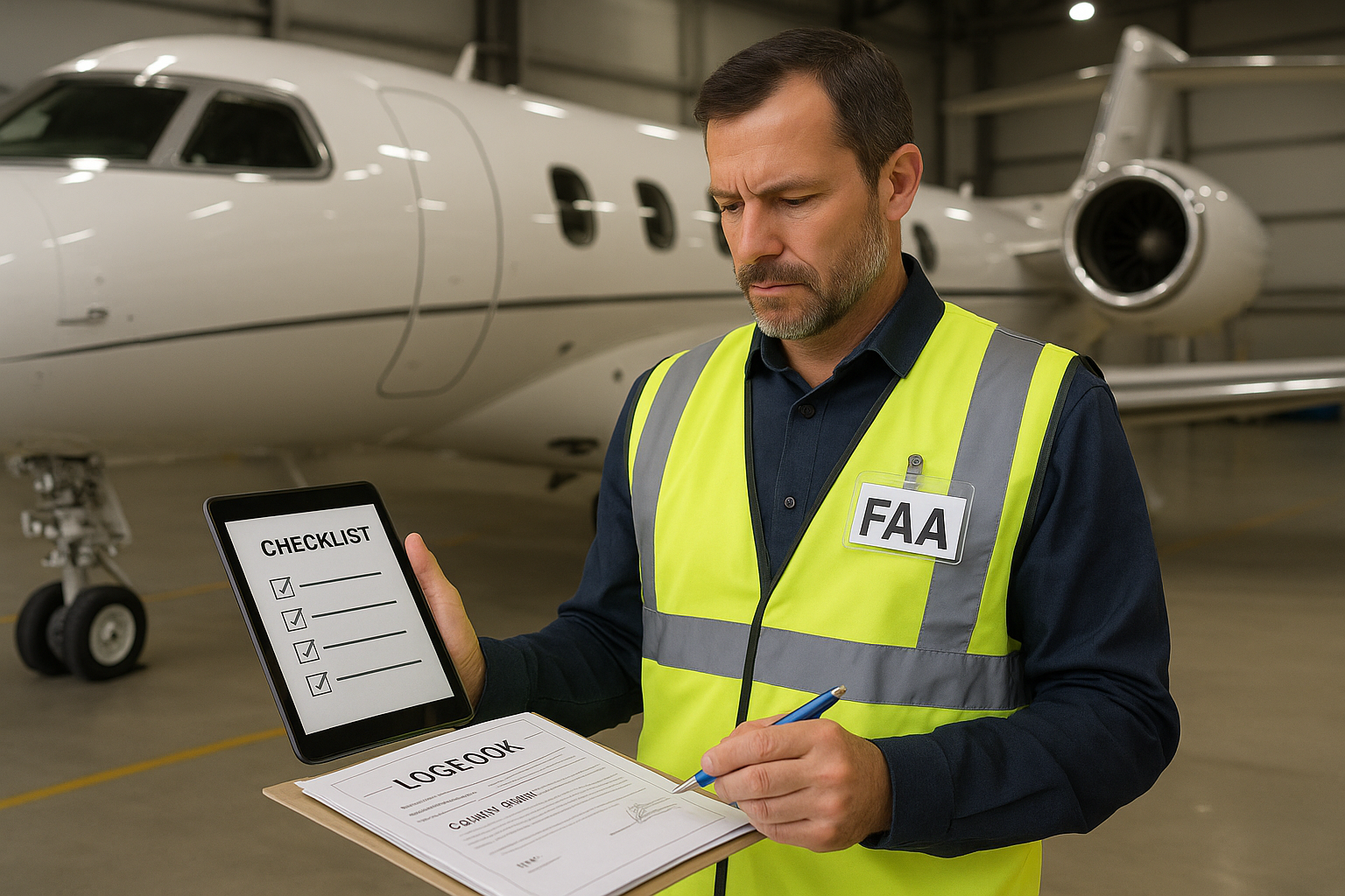 An FAAcertified maintenance inspector reviews a business jets documentation and logbooks beside the aircraft with digital checklists on a tablet signed compliance papers and a business jet in hangar lighting Emphasize safety and regulatory compliance